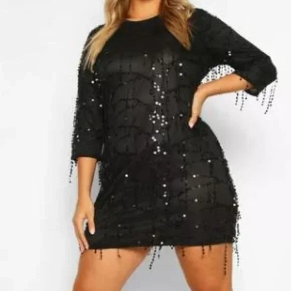 boohoo sequin tassel dress NWT Boohoo Tassel Sequin Angel Sleeve Dress